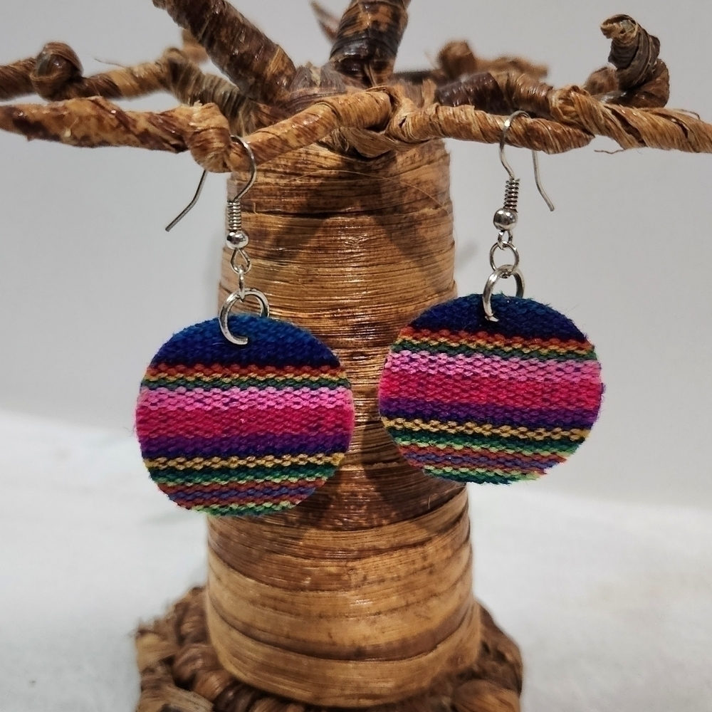 Rainbow Pride Fabric Round Circle Drop Dangle Silver Fish Hook Earrings